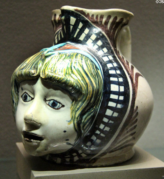 Faience anthropomorphic pitcher (c1480) from Faenza, Italy at Louvre Museum. Paris, France.