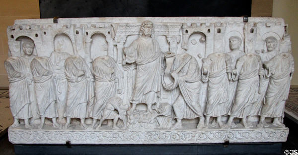 Sarcophagus with scene of remission of the law (late 4thC) from St Peter's, Vatican at Louvre Museum. Paris, France.