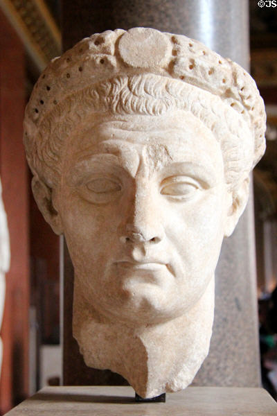 Roman Emperor Claudius (ruled 41-54 CE) portrait head with crown (c41-50 CE) from Thasos at Louvre Museum. Paris, France.