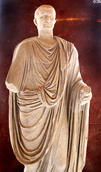 Roman Emperor Vespasian (ruled 69-79 CE) statue in Toga (c76-79 CE) from Italy at Louvre Museum. Paris, France.