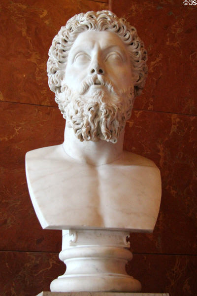 Roman Emperor Marcus Aurelius (ruled 161-180 CE) portrait bust (c180-3 CE) from near Rome at Louvre Museum. Paris, France.