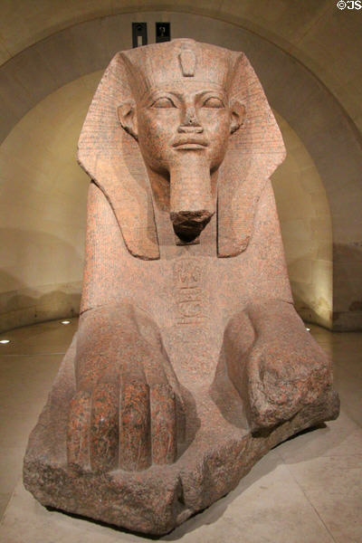Granite sphinx from Tanis inscribed with names of king Amenemhat II (1898-1866 BCE), Merenptah (1213-1203 BCE) & Shoshenq I (945-924 BCE)at Louvre Museum. Paris, France.