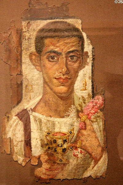 Linen funerary portrait of man called Ammonios (3rdC CE) from Antinoe, Egypt at Louvre Museum. Paris, France.