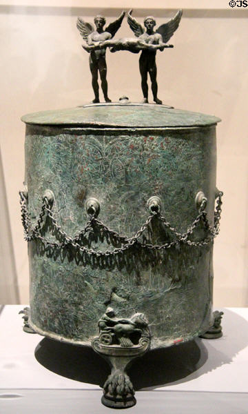 Bronze covered ciste used by women to store toiletries (375-350 BCE) from Praeneste east of Rome at Louvre Museum. Paris, France.