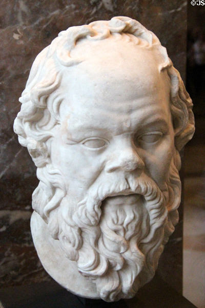Marble portrait head (1stC CE) of Greek philosopher Socrates (469-399 BCE) at Louvre Museum. Paris, France.