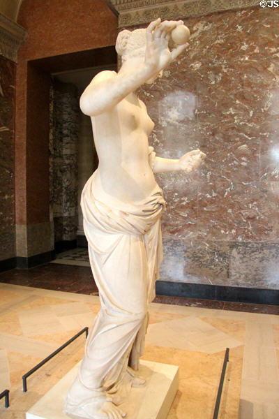 Marble Aphrodite aka "Venus d'Arles" (27 BCE - 14 CE) from antique theater of Arles, France perhaps after original by Praxiteles of Athens at Louvre Museum. Paris, France.