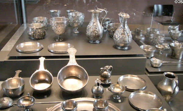 Roman silver vessels buried by eruption of Mount Vesuvius (79 CE) found 1895 (aka treasure of Boscoreale) at Louvre Museum. Paris, France.