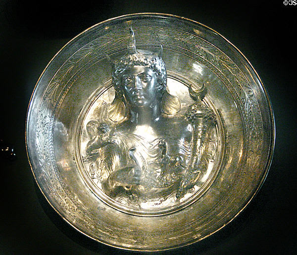 Bowl with symbol of Africa including woman wearing helmet in form of elephant on Roman silver vessel buried by eruption of Mount Vesuvius (79 CE) (part of treasure of Boscoreale) at Louvre Museum. Paris, France.