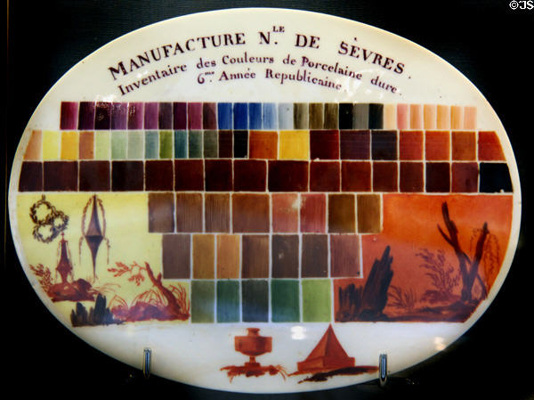 Sèvres porcelain color palette (1798 - year 6 of French Republic) showing colors & effects possible at Sèvres National Ceramic Museum. Paris, France.