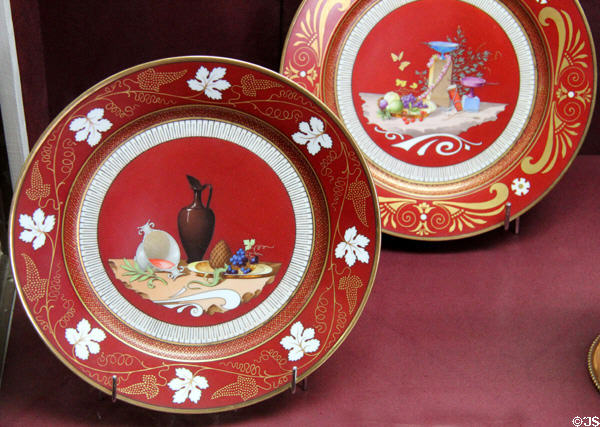 Sèvres porcelain plates from Second Empire (1852-70) replicating designs found at Pompei by Jules-Pierre-Michel Diéterle & used by Prince Napoleon at Sèvres National Ceramic Museum. Paris, France.