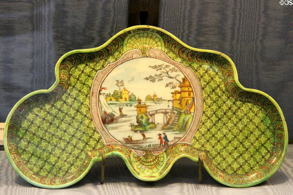 Ceramic Chinese-style tray marked D.V. (prob. by Duke of Villeroy, Mennecy) at Sèvres National Ceramic Museum. Paris, France.