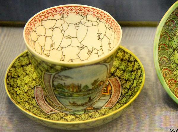 Ceramic Chinese-style cup & saucer (prob. by Duke of Villeroy, Mennecy) at Sèvres National Ceramic Museum. Paris, France.