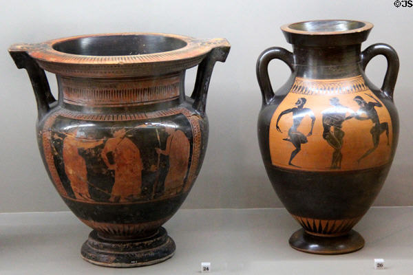 Athenian red-figure krater (450-400 BCE) & black-figure amphora showing exercising Greeks (6thC BCE) at Sèvres National Ceramic Museum. Paris, France.