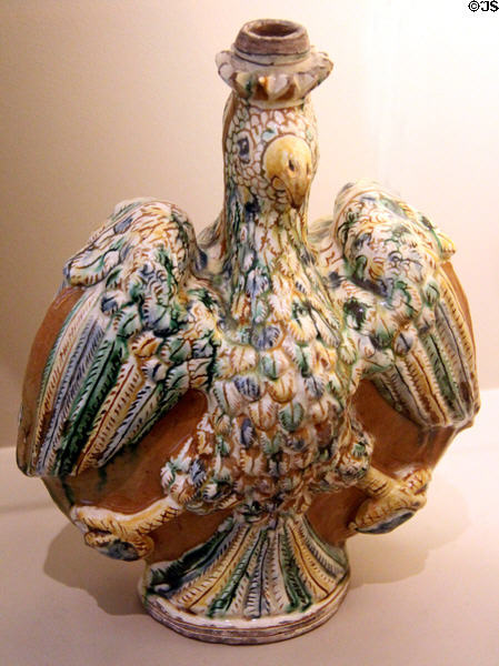 Ceramic bottle as eagle with two heads (16thC) from northern Italy at Sèvres National Ceramic Museum. Paris, France.