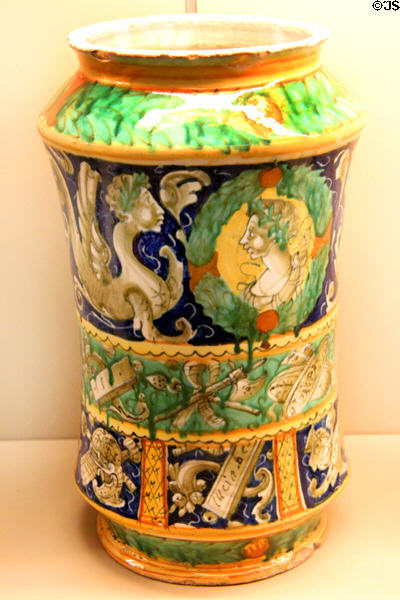 Ceramic pharmacy jar (1555) by workshop of Ludovico & Angelo Picchi from Casteldurante, Italy at Sèvres National Ceramic Museum. Paris, France.