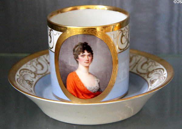 Nymphenburg porcelain cup & saucer (1800-10) from Munich with portrait of Caroline of Baden, Queen of Bavaria at Sèvres National Ceramic Museum. Paris, France.
