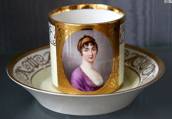 Nymphenburg porcelain cup & saucer (1800-10) from Munich with portrait of Augusta Amelie of Bavaria at Sèvres National Ceramic Museum. Paris, France.