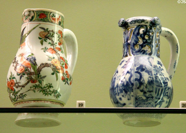 Chinese porcelain pitcher (1700) & puzzle jug (1725-50) from Jingdezhen at Sèvres National Ceramic Museum. Paris, France.