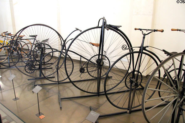 Collection of penny-farthing bikes at Arts et Metiers Museum. Paris, France.