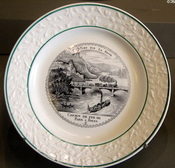 Printed porcelain plate with bridge of Seine on Paris to Rouen rail line (mid 19thC) by Manuf. Boulenger et Hautin of Choisy -le-Roy at Arts et Metiers Museum. Paris, France.