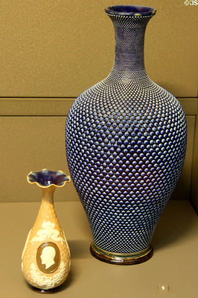 Earthenware vases (1885 & 1878) by Doulton factory at Arts et Metiers Museum. Paris, France.