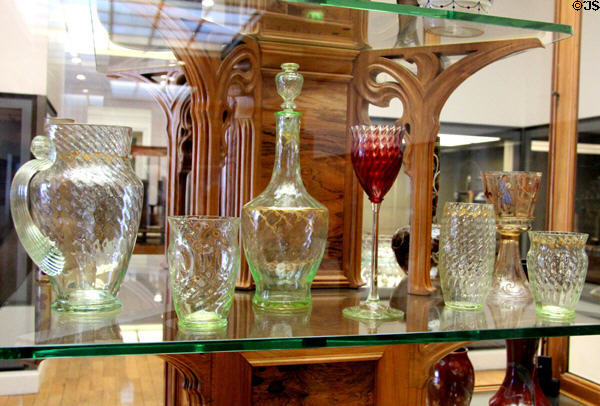 Gallé glass products in Émile Gallé display case (1904) at Arts et Metiers Museum. Paris, France.