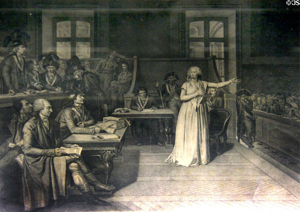 The Trial of Marie-Antoinette (October 1793) copperplate engraving by J.-F. Cazenave after original drawing by Pierre Bouillon at Conciergerie. Paris, France.