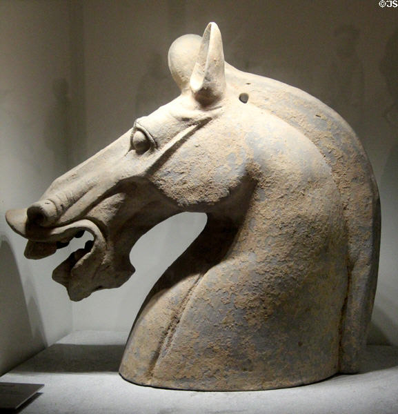 Chinese terra cotta horses head (1st-3rdC CE - Han dynasty) from Sichuan at Guimet Museum. Paris, France.