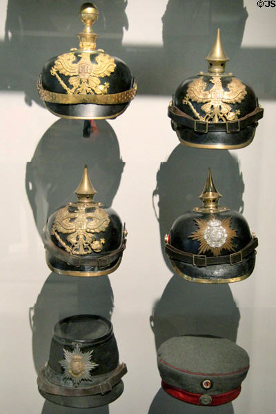 Prussian army helmets & hats (1870s-1900s) at Army Museum at Les Invalides. Paris, France.