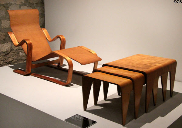 Bent wood & plywood chaise longue (1935-6) & stacking tables (1936) by Marcel Breuer with Isokon Furniture of London at Musée des Monuments Français. Paris, France.
