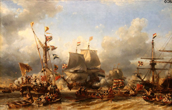 Boarding of ships Ruyter & Witt at Texel in 1667 painting (1850) by Eugène Isabey at Musée de la Marine. Paris, France.