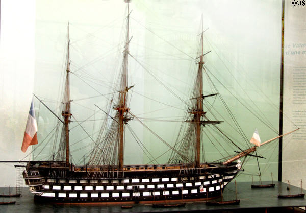 Le Valmy 3-masted naval ship model (1838-42) after plans by engineer Leroux from Brest at Musée de la Marine. Paris, France.