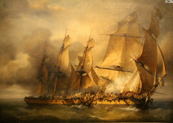 Battle between French corvette "La Bayonnaise" & English frigate "Embuscade" on Dec. 14, 1798 painting (c1801) by Louis-Philippe Crépin at Musée de la Marine. Paris, France.