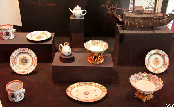 Various porcelain dishes (18thC) made in China for French East India Company at Musée de la Marine. Paris, France.