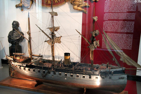 Model of La Gloire, first frigate battleship in world launched 1859 at Musée de la Marine. Paris, France.