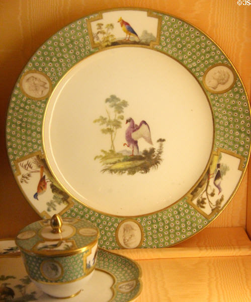 Sèvres Buffon porcelain dinner plate with bird (1784-6) at Nissim de Camondo Museum. Paris, France.