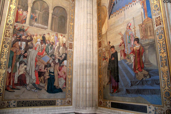 Parisians praying to Ste-Geneviève to end Saint Anthony's Fire epidemic of 1130 mural pair (1874) by Theodore Maillot at Pantheon. Paris, France.