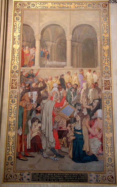 Parisians praying to Ste-Geneviève to end Saint Anthony's Fire disease of 1130 mural (1874) by Theodore Maillot at Pantheon. Paris, France.