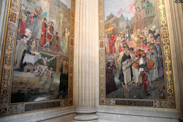 Processions of 1496 asking Ste-Geneviève to ban rain & flooding in Paris mural pair (1879) by Theodore Maillot at Pantheon. Paris, France.