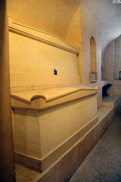 Tombs of physicists Marie Curie Skłodowska (1867-1834) over tomb of Pierre Curie (1859-1906) at Pantheon. Paris, France.