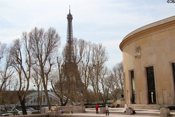 Eiffel Tower seen from courtyard of Palais de Tokyo. Paris, France.