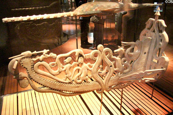 Carved wooden pirogue bow showing river spirits (end 19thC - early 20thC) from Cameroon at Musée du quai Branly. Paris, France.