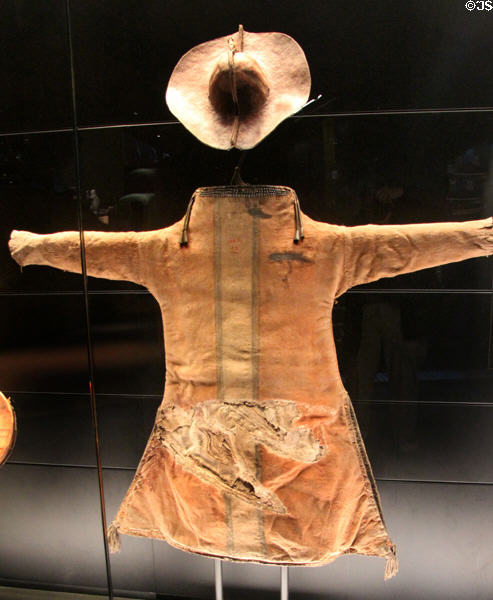 Tehuelche culture leather helmet & breastplate (18thC) from Patagonia, Argentina at Musée du quai Branly. Paris, France.