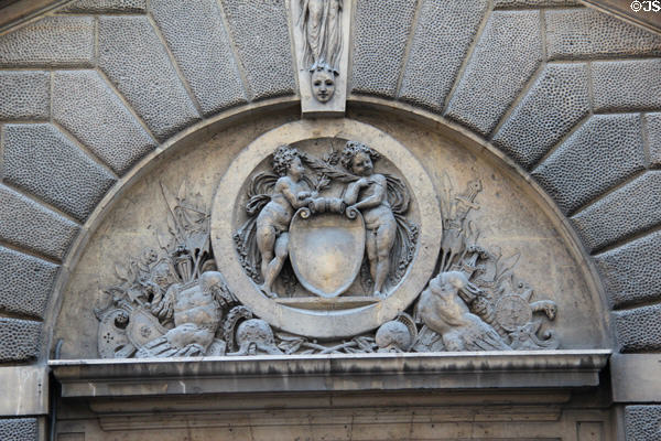 Carvings or Roman armor over main entrance at Carnavalet Museum. Paris, France.