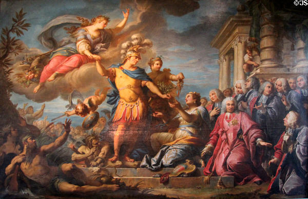 Allegory in honor of the February 1749 Aachen peace treaty ending the War of Austrian Succession painting (1758) by Jacques Dumont aka le Romain at Carnavalet Museum. Paris, France.