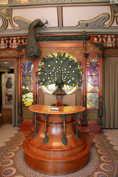 Peacocks, stained glass & circular counter (1901) in Art Nouveau style, in Boutique Fouquet at Carnavalet Museum. Paris, France.