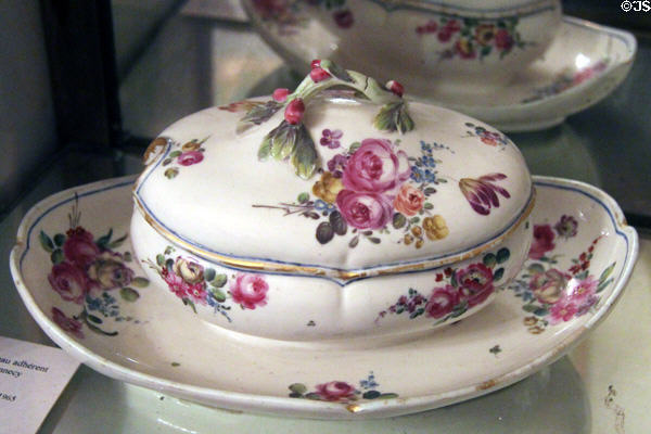 Soft porcelain covered serving dish with attached plate (mid 18thC) from Mennecy at Carnavalet Museum. Paris, France.