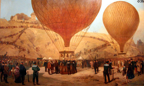 Gambetta's departure by balloon "Armand-Barbès" Oct. 7, 1870, painting by Jules Didier & Jacques Guiaud depicting Interior Minister Gambetta departing in a balloon to survey the Prussian forces surrounding Paris at Carnavalet Museum. Paris, France.