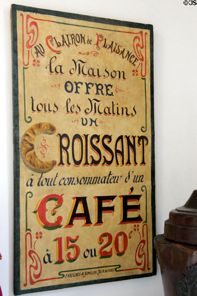 Clairon de Plaisance Café sign (late 19thC) advertising breakfast special at Carnavalet Museum. Paris, France.