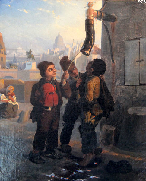 Savoyard Chimney Sweeps Quenching their Thirst from a Water Pump painting (c1840) signed by D.C. at Carnavalet Museum. Paris, France.